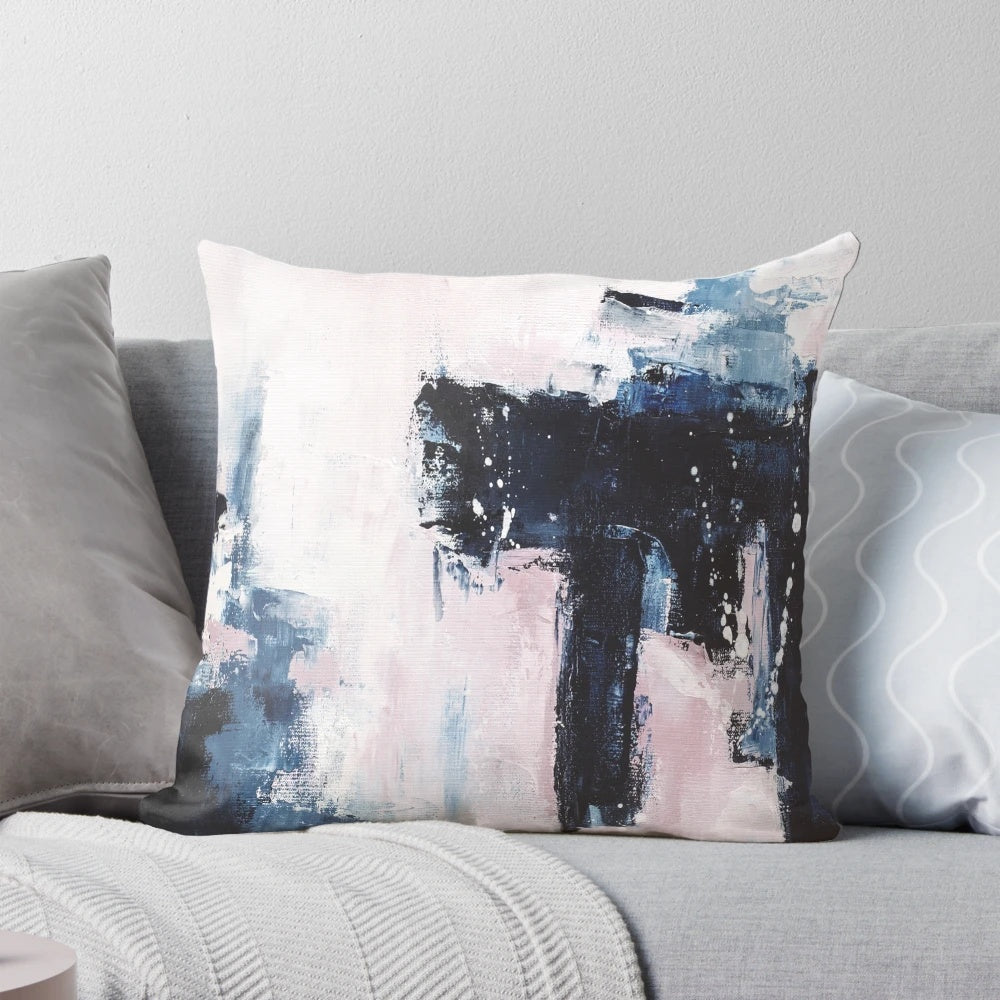 Set of three pink and navy abstract canvas wall art prints, perfect for a modern nursery or bedroom.