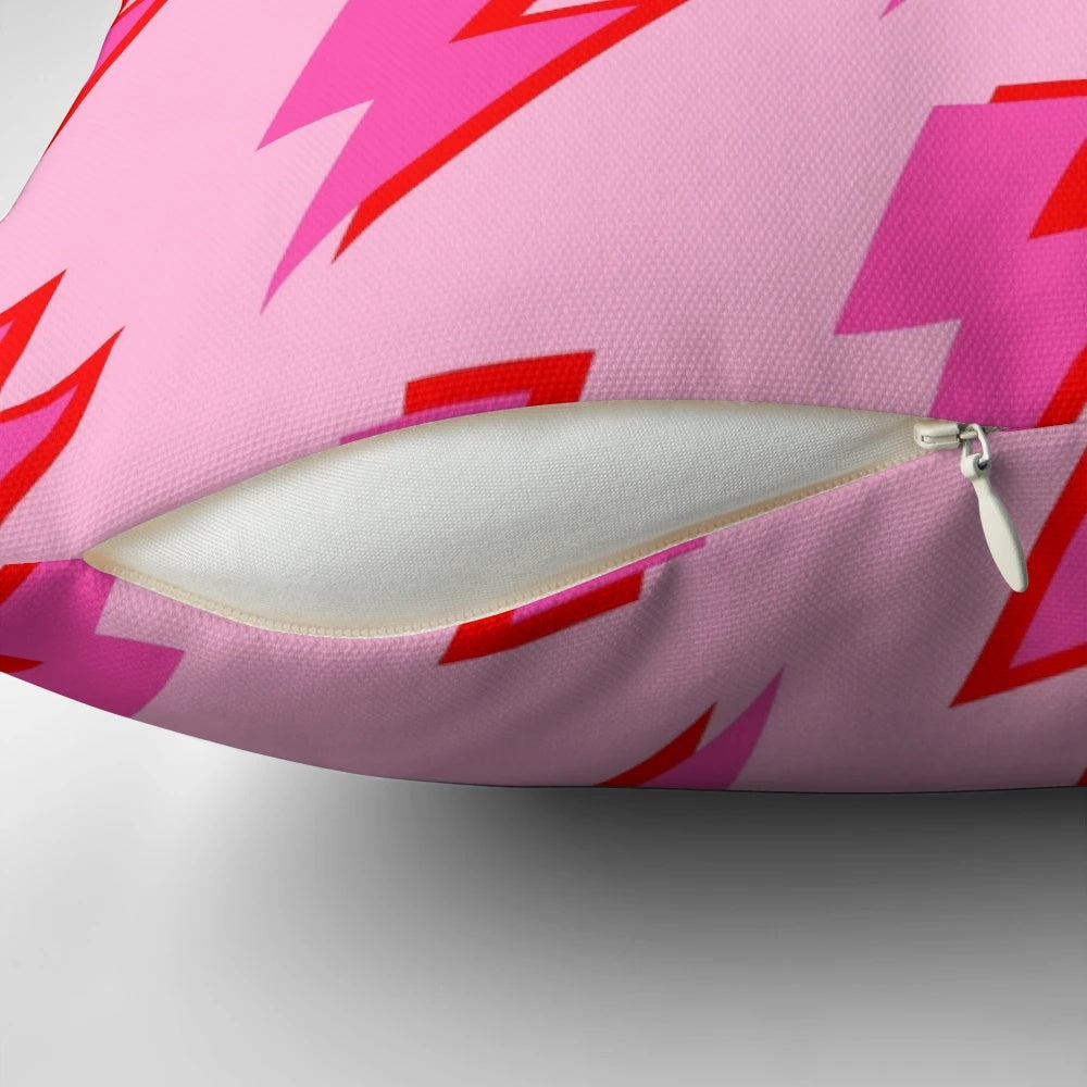 Vibrant pink and red lightning design on a soft, cozy pillow for a girl's bedroom or nursery.