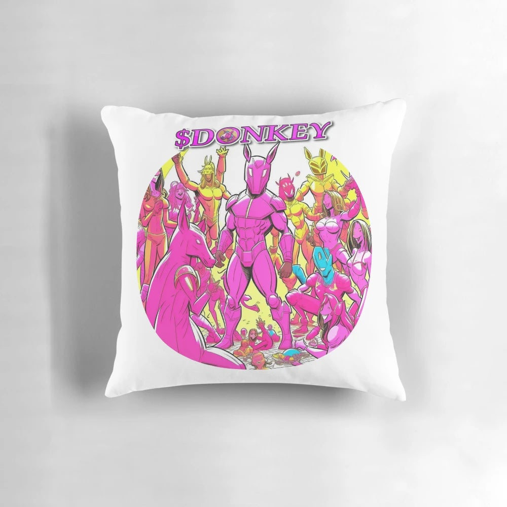 A plush, pink pillow featuring a playful donkey design, perfect for crypto and meme enthusiasts.