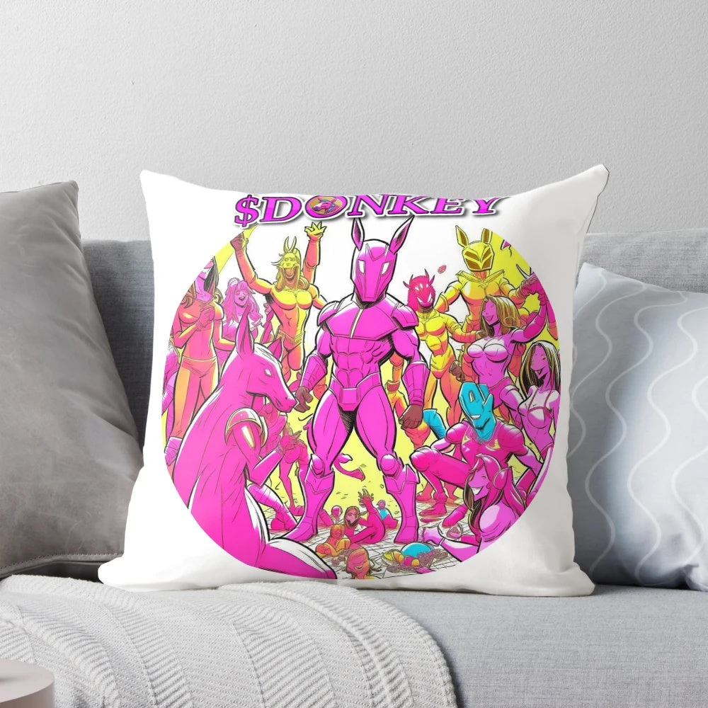 A plush, pink pillow featuring a playful donkey design, perfect for crypto and meme enthusiasts.