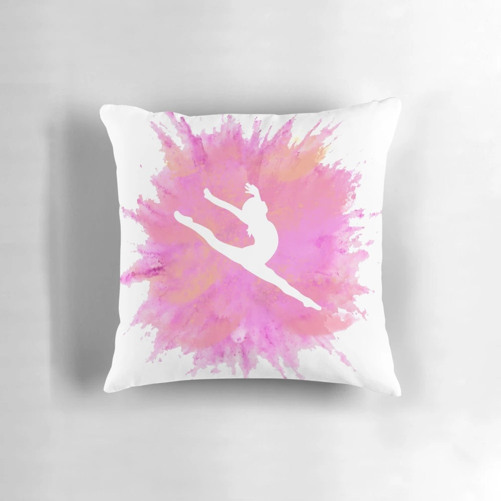 A pink and white gymnastics silhouette pillow with an explosive design, perfect for any gymnast.