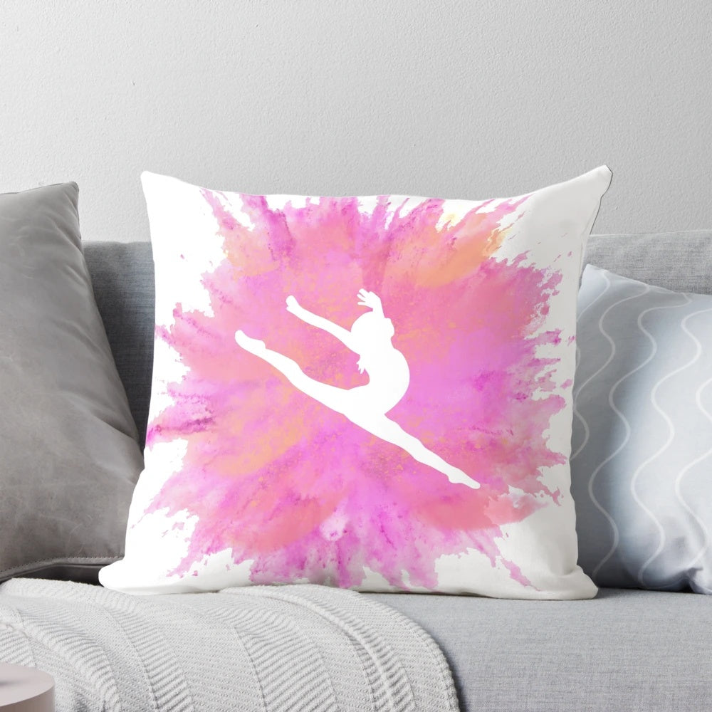 A pink and white gymnastics silhouette pillow with an explosive design, perfect for any gymnast.