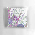 A beautiful pink and blue floral throw pillow featuring foxgloves and hydrangeas, designed by Fiona Calder.