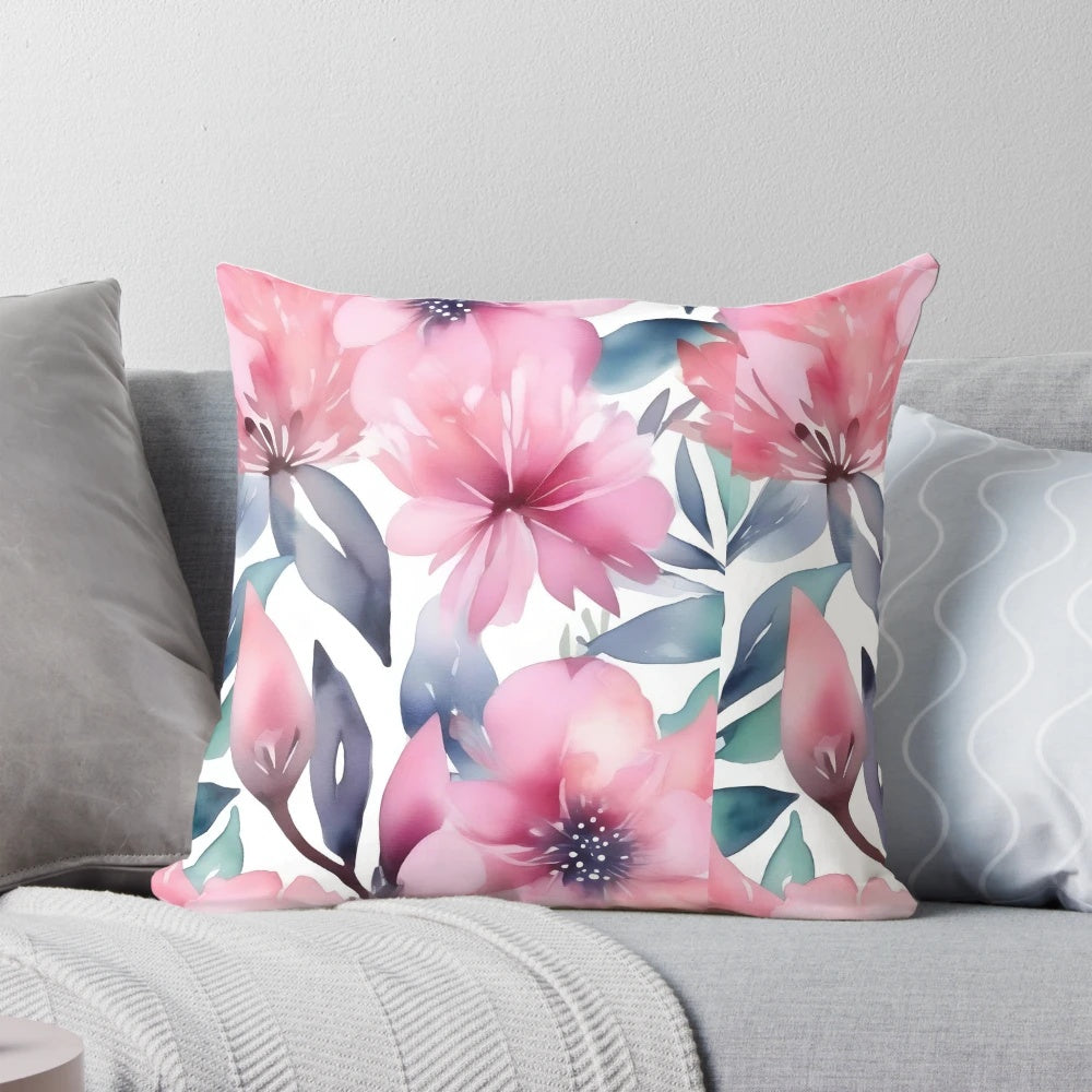 Closeup of a pink watercolor floral pattern printed on a soft cushion cover