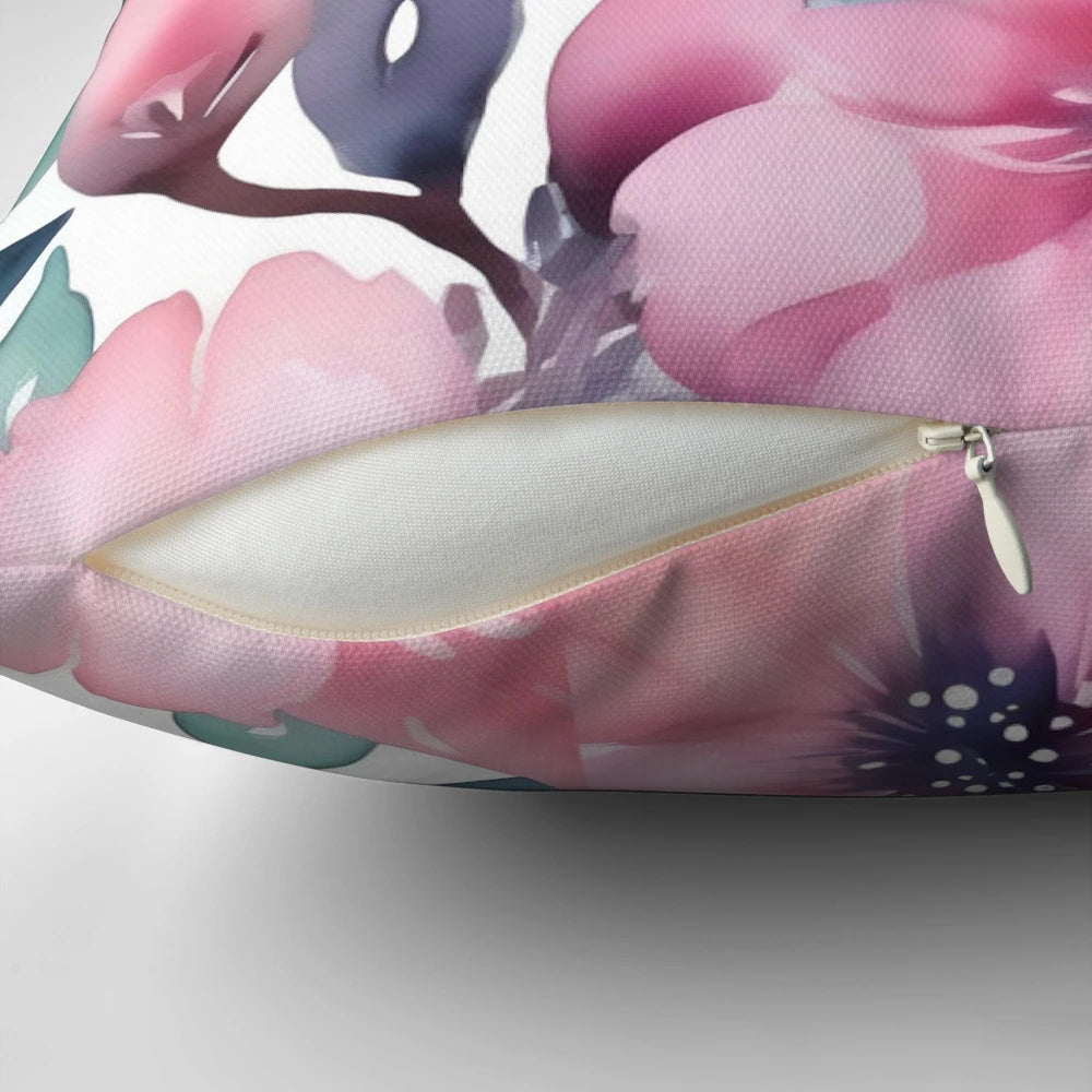 Closeup of a pink watercolor floral pattern printed on a soft cushion cover