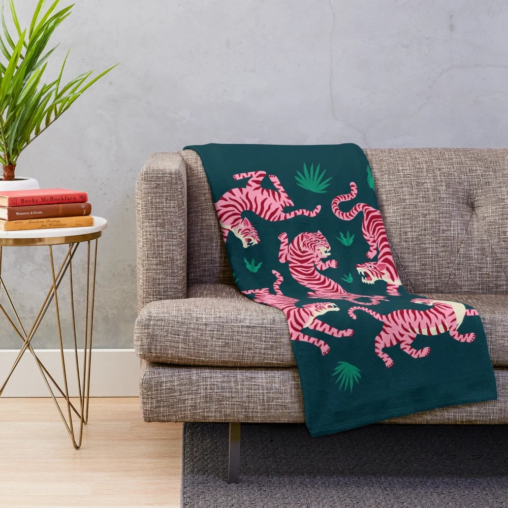 Plush pink leopard print blanket with watercolor animal art design