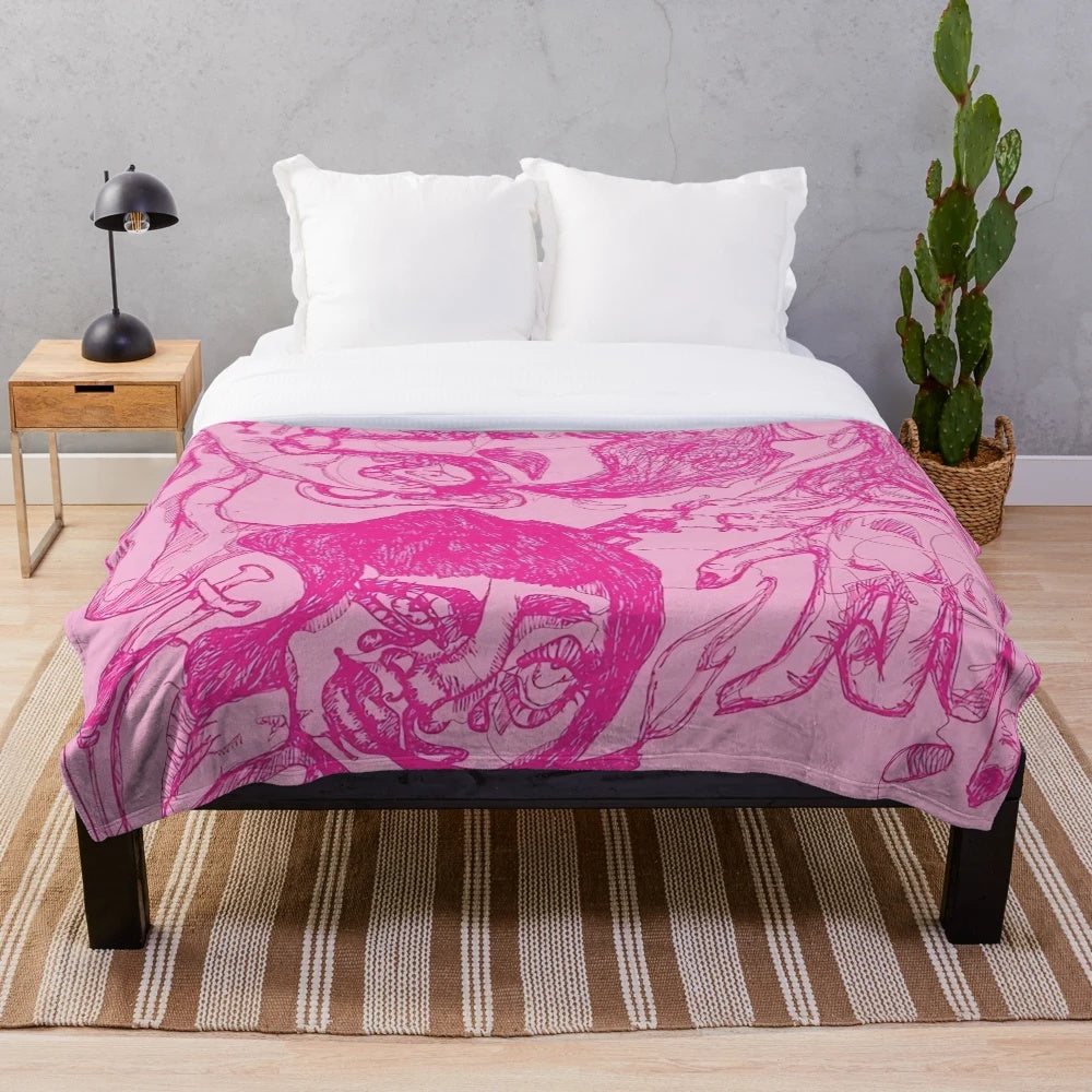 Trippy pink plush blanket with abstract, psychedelic pattern