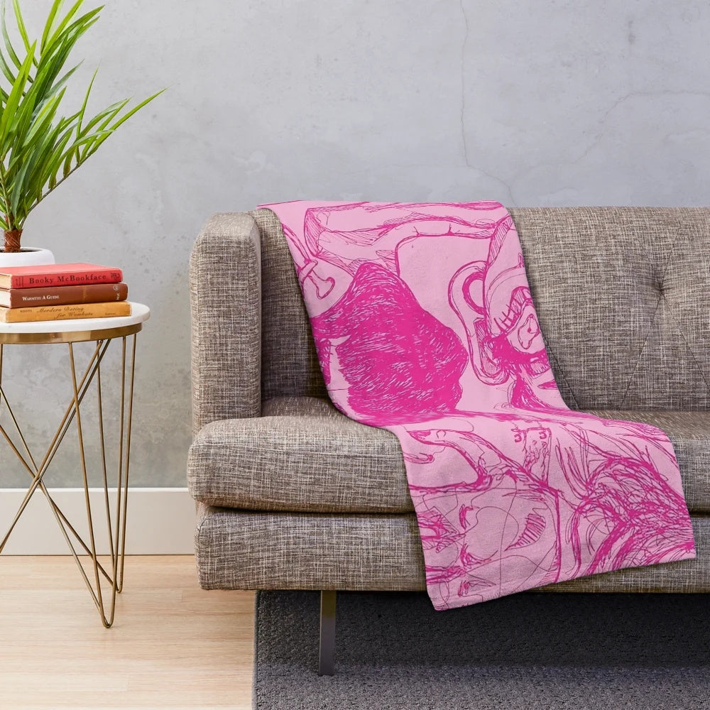 Trippy pink plush blanket with abstract, psychedelic pattern