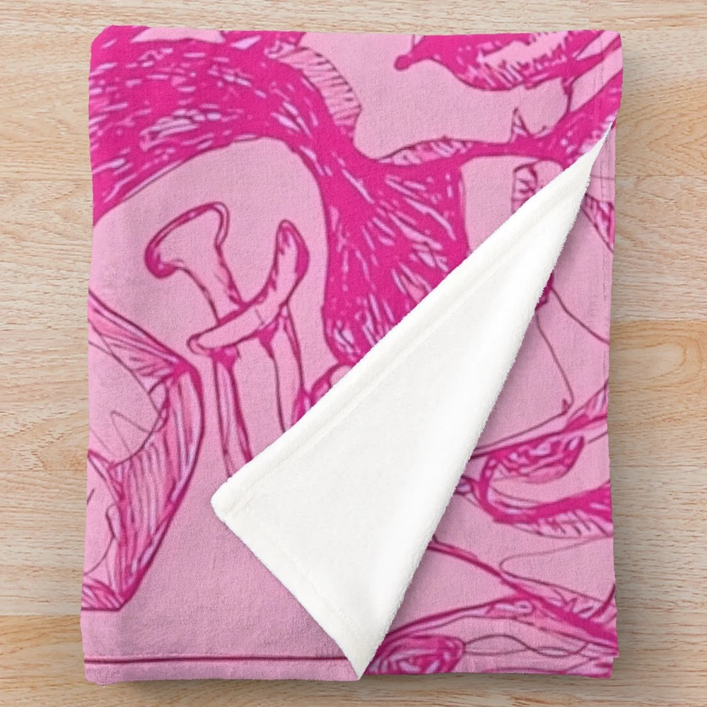 Trippy pink plush blanket with abstract, psychedelic pattern