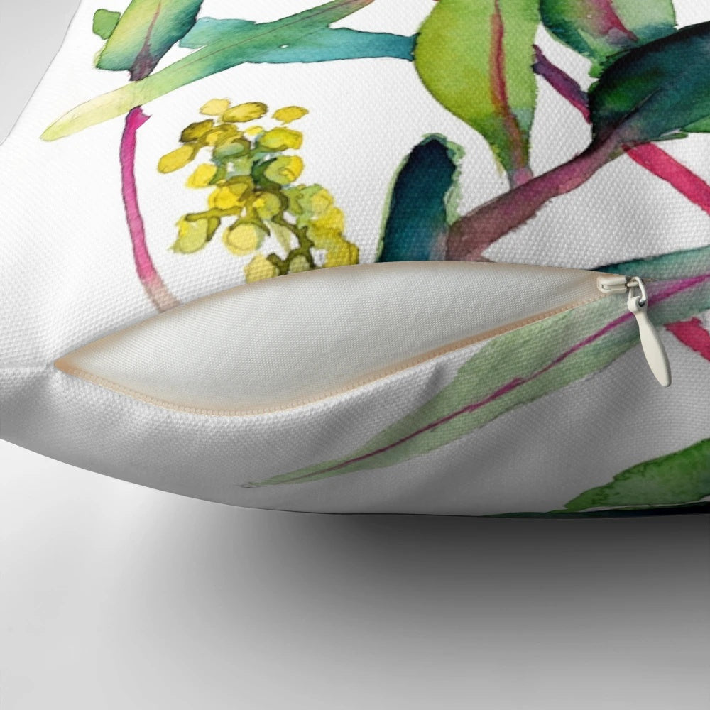 Vibrant pink protea watercolor painting with birds on a decorative throw pillow