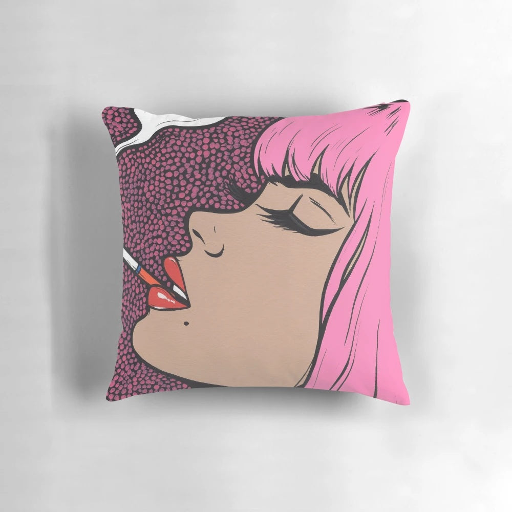 Colorful pillow featuring a pink girl smoking a cigarette in a comic book style artistic design.