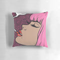 Colorful pillow featuring a pink girl smoking a cigarette in a comic book style artistic design.