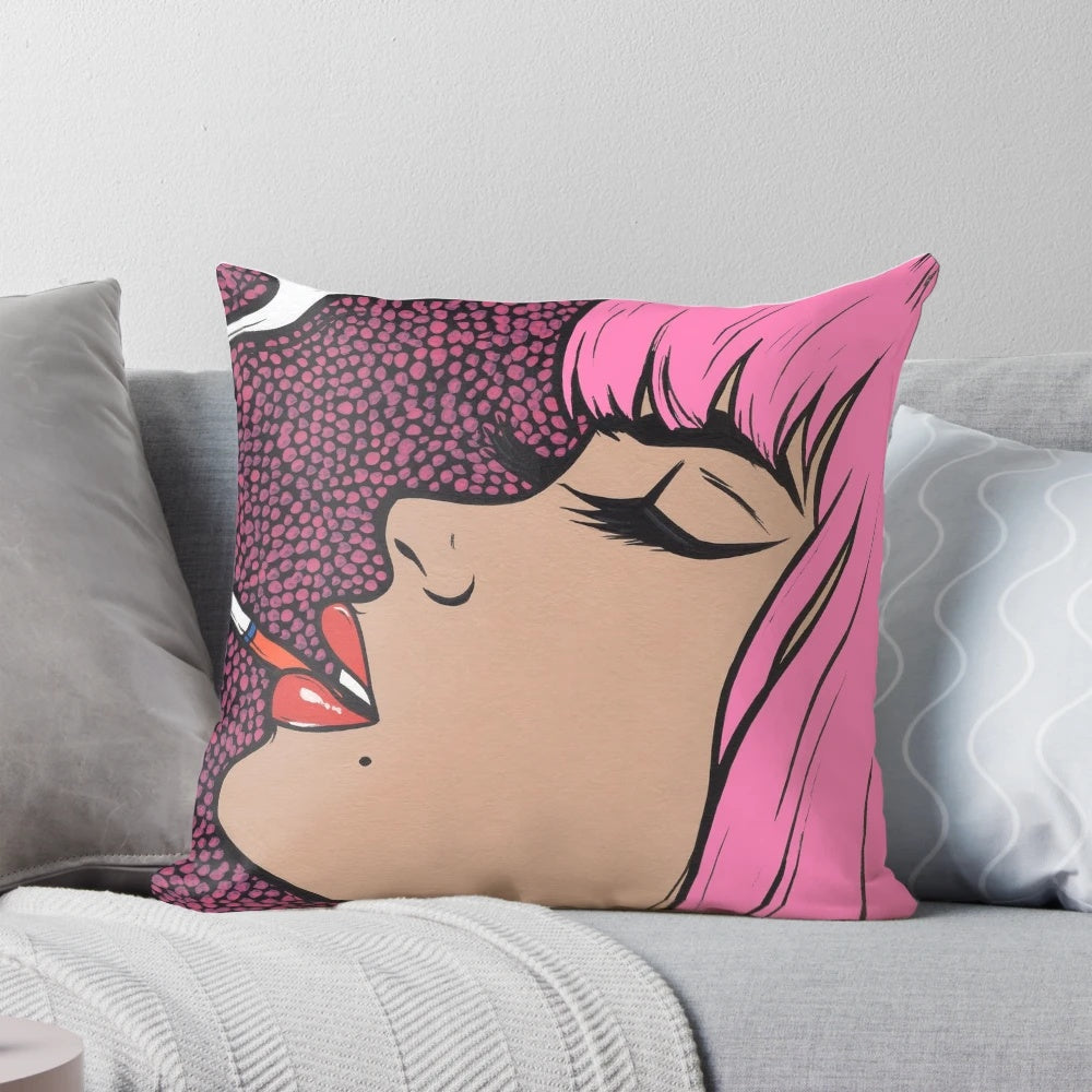 Colorful pillow featuring a pink girl smoking a cigarette in a comic book style artistic design.