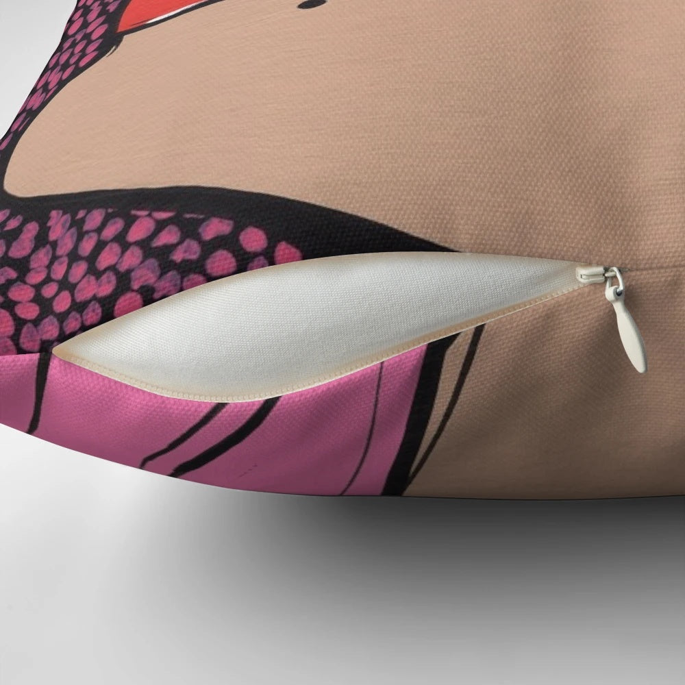 Colorful pillow featuring a pink girl smoking a cigarette in a comic book style artistic design.