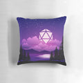 A vibrant pink sunset-themed D20 dice pillow, perfect for tabletop RPG maps and landscapes.