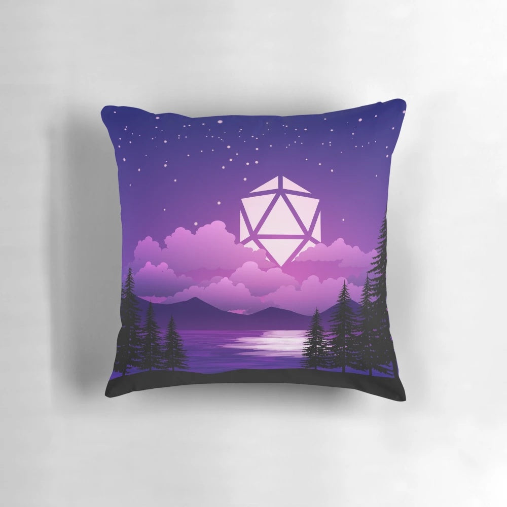 A vibrant pink sunset-themed D20 dice pillow, perfect for tabletop RPG maps and landscapes.