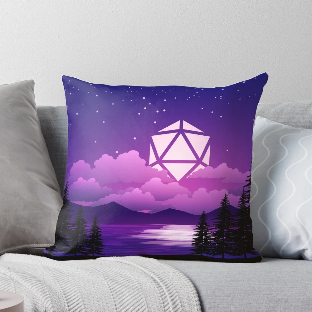 A vibrant pink sunset-themed D20 dice pillow, perfect for tabletop RPG maps and landscapes.