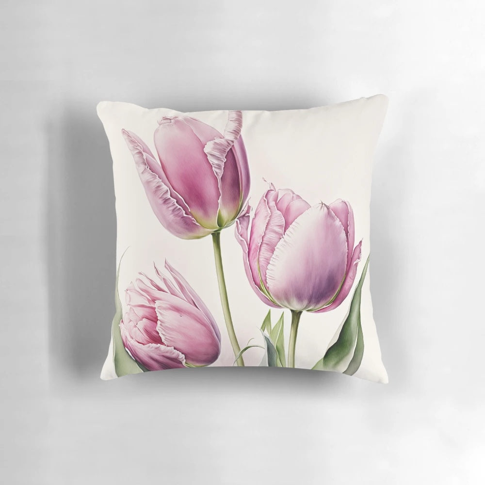 A soft, decorative throw pillow featuring a vibrant pink tulips floral design.