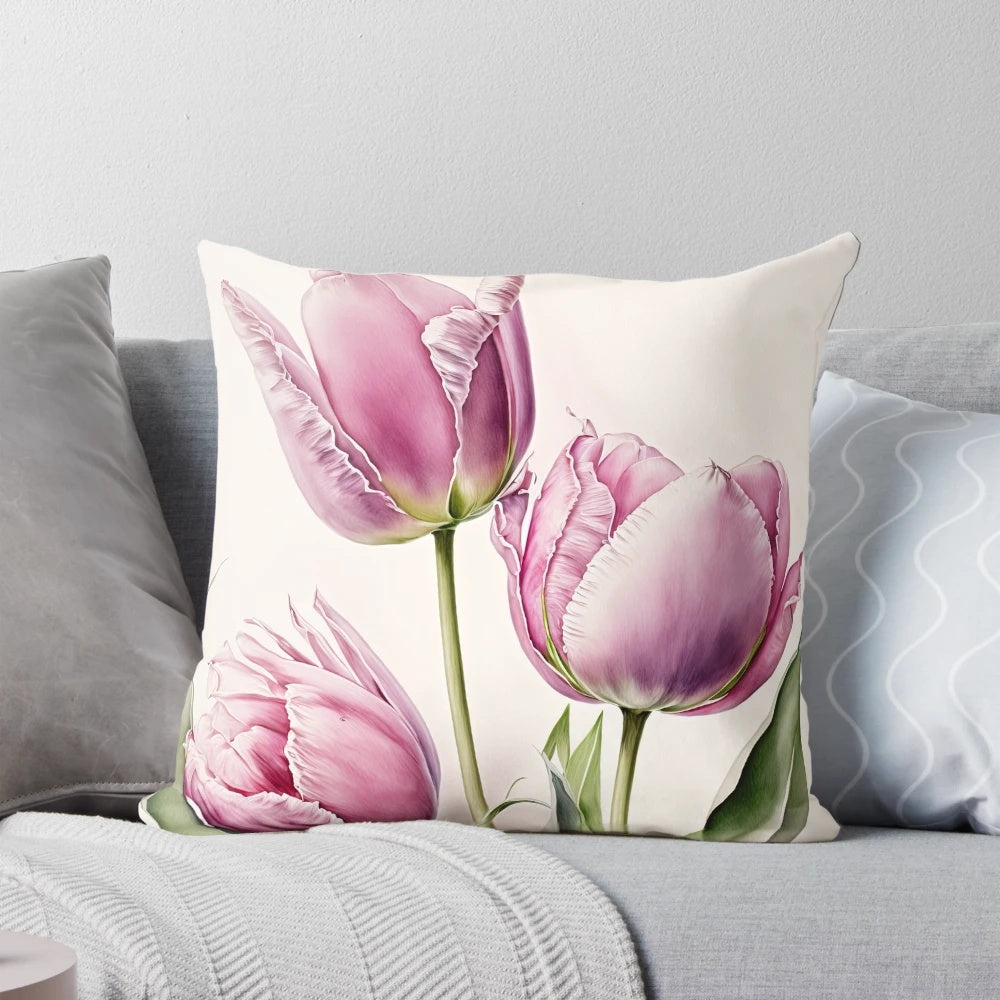 A soft, decorative throw pillow featuring a vibrant pink tulips floral design.