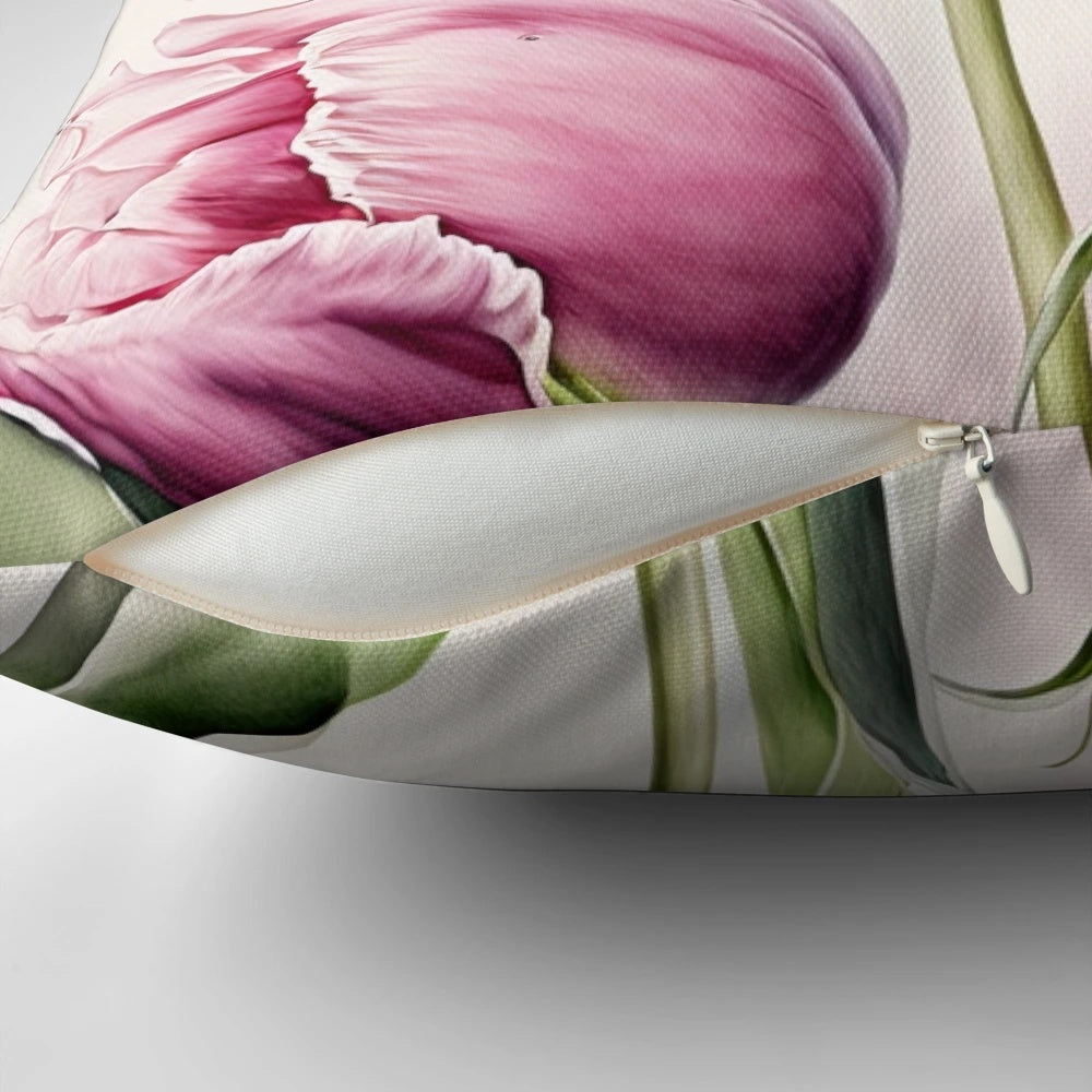 A soft, decorative throw pillow featuring a vibrant pink tulips floral design.