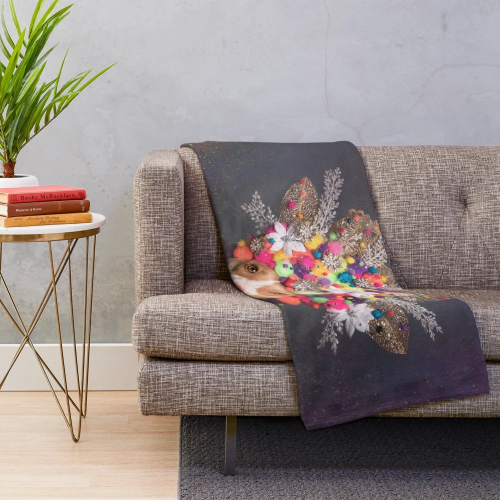 Pit bull dog wearing a flower crown on a plush blanket, focus on flower power design