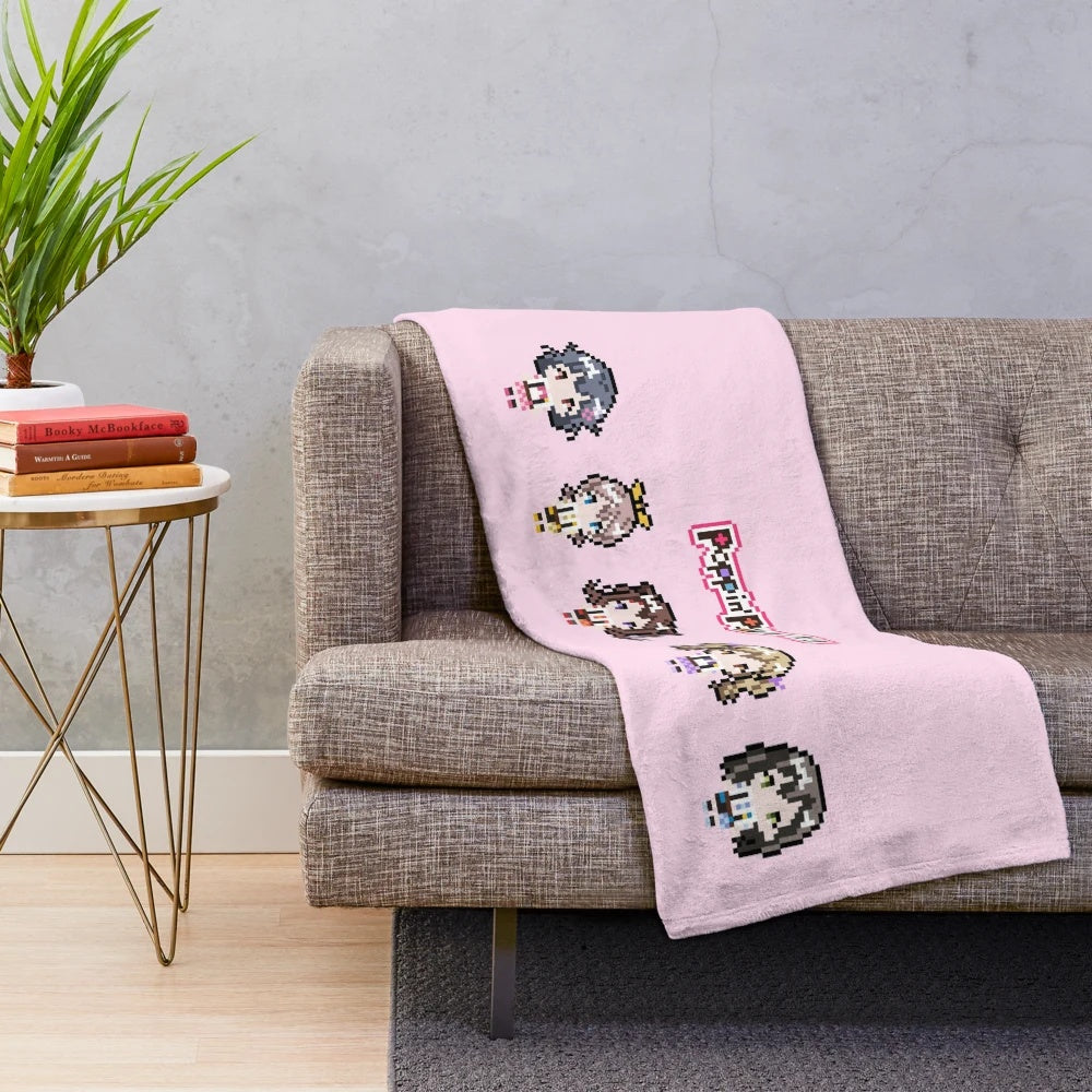 Pixel art plush blanket featuring Poppin Party characters from the anime series Bang Dream!