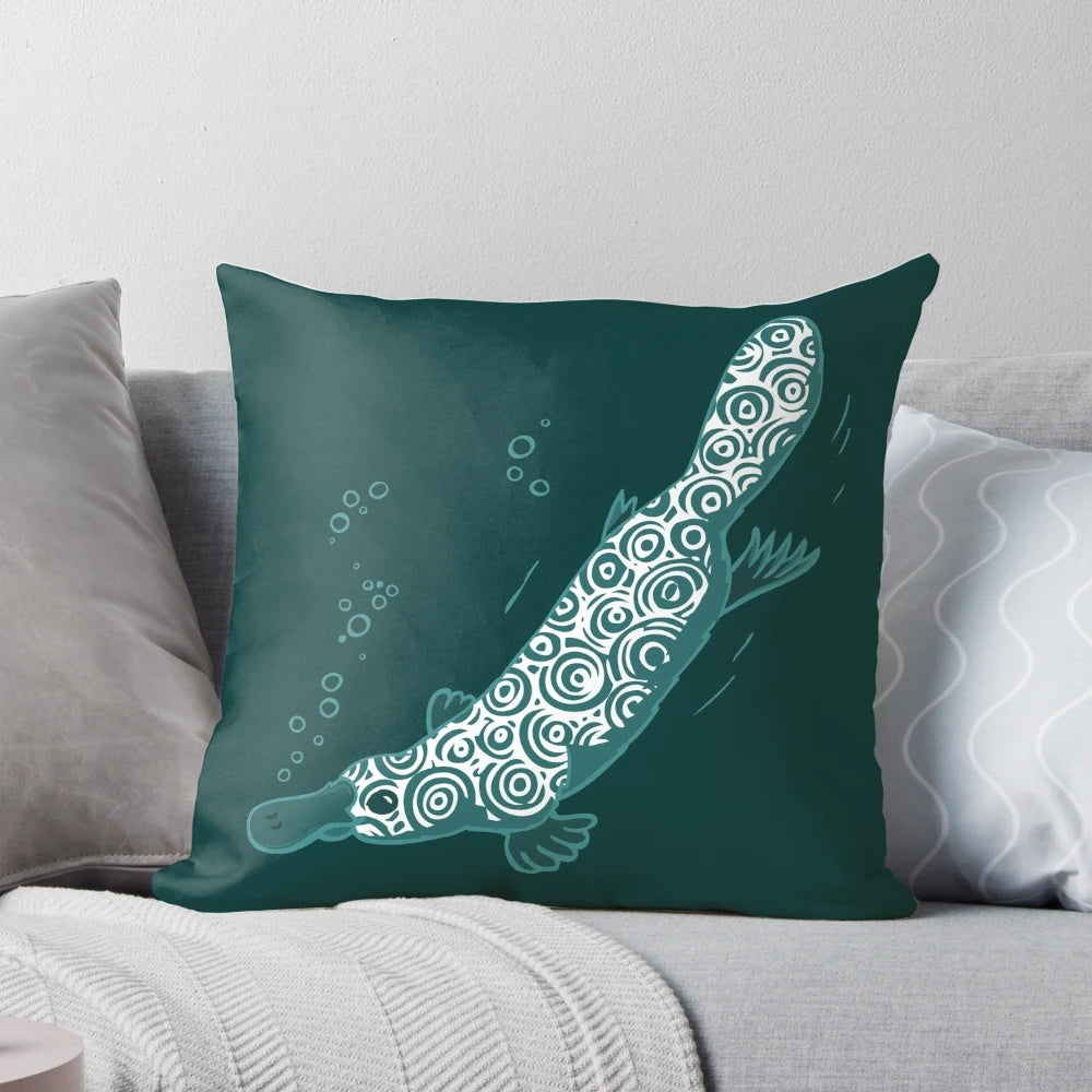 Colorful graphic art pillow featuring a detailed illustration of a platypus, an egg-laying, venomous aquatic mammal.