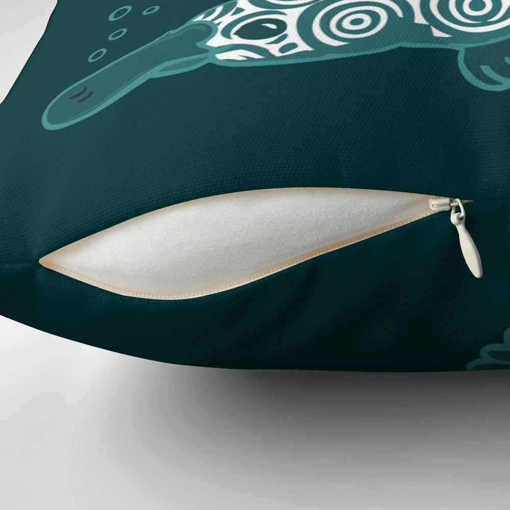 Colorful graphic art pillow featuring a detailed illustration of a platypus, an egg-laying, venomous aquatic mammal.