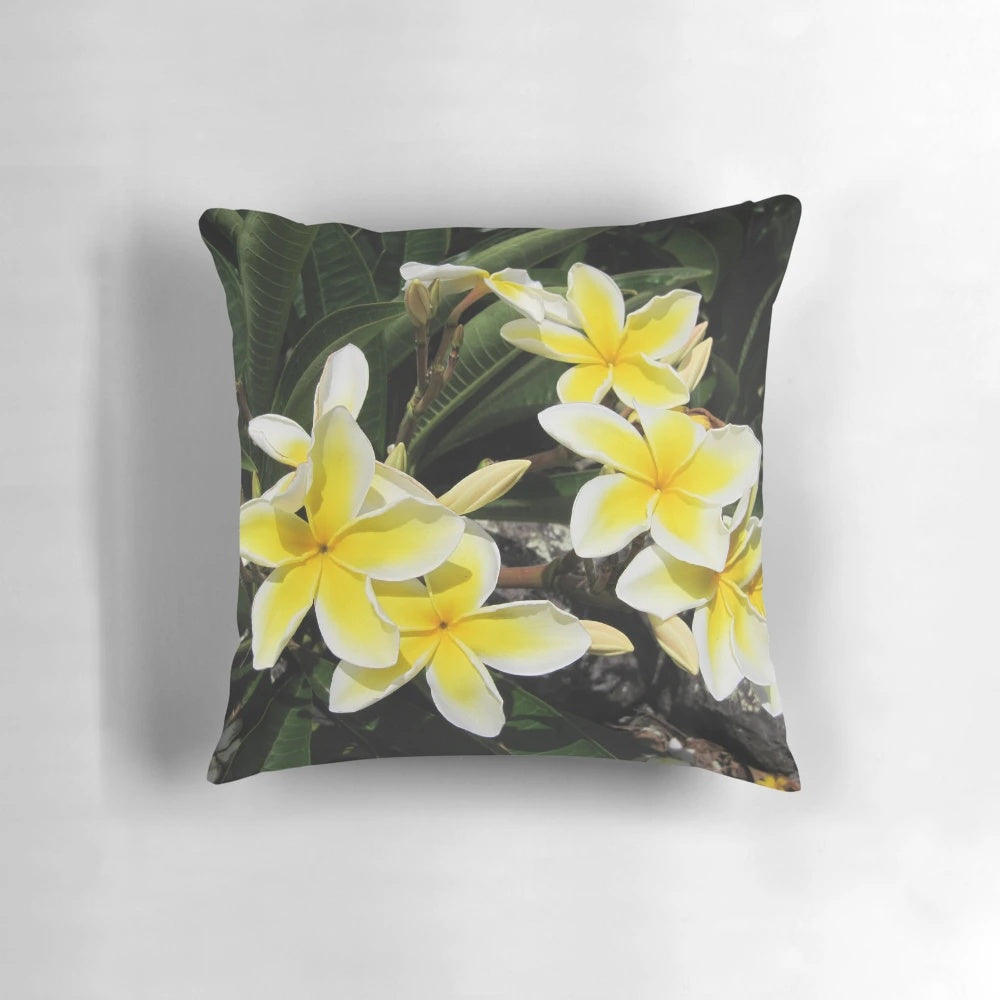 Soft, decorative pillow featuring a vibrant plumeria flower from the tropical island of Maui, Hawaii