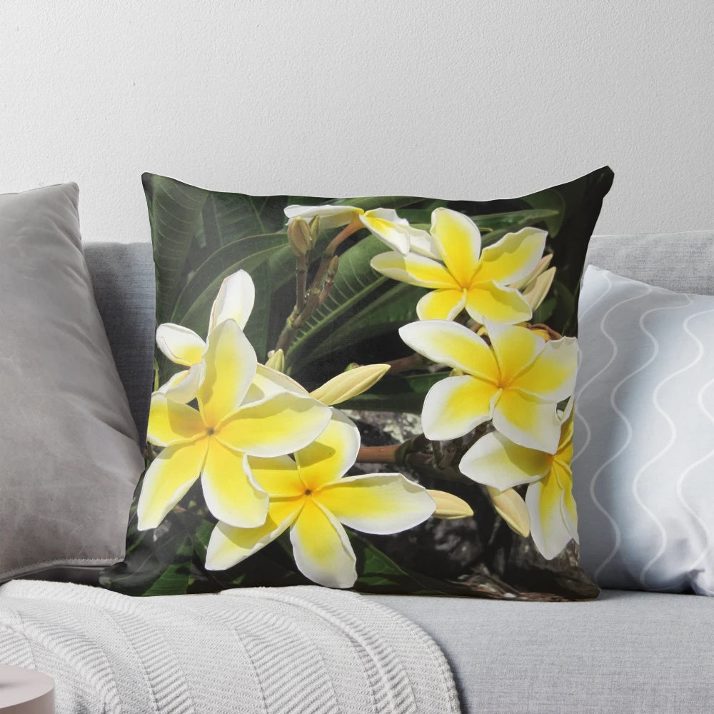Soft, decorative pillow featuring a vibrant plumeria flower from the tropical island of Maui, Hawaii
