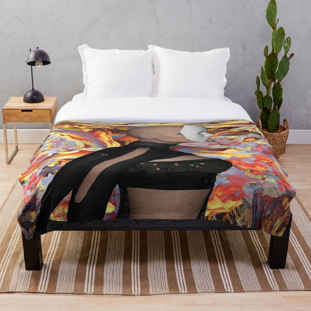 Colorful plush blanket with abstract, nature-inspired patterns