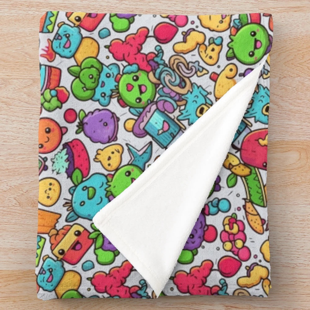 Colorful plush blanket featuring abstract patterns and playful cartoon characters