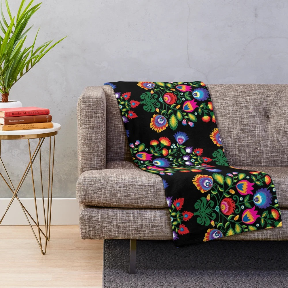 Handcrafted plush blanket featuring traditional Polish wycinanki folk art patterns