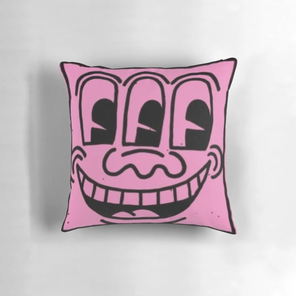 Colorful pop art style cartoon pillow featuring a funky, quirky design