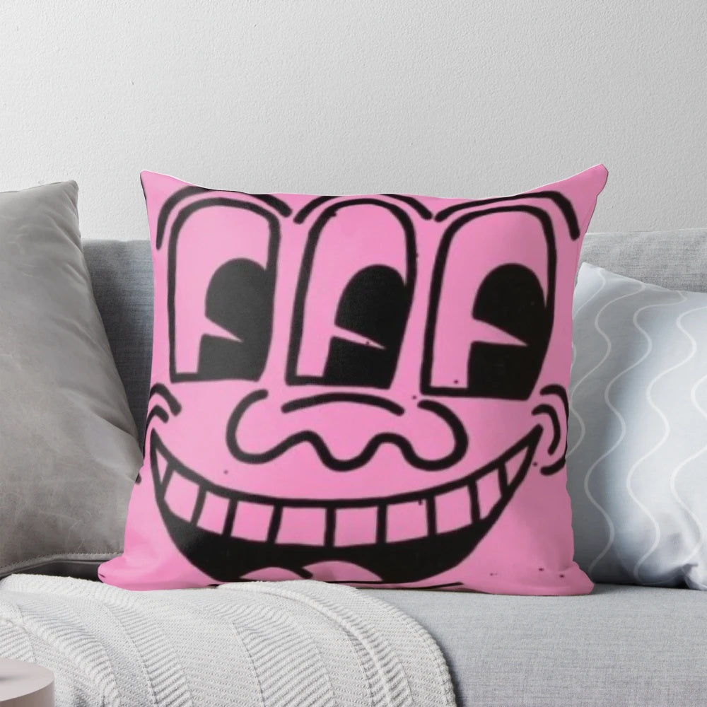 Colorful pop art style cartoon pillow featuring a funky, quirky design