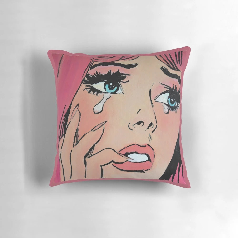 Colorful pop art style pillow featuring a crying cartoon girl, perfect for home decor and expressing grief.