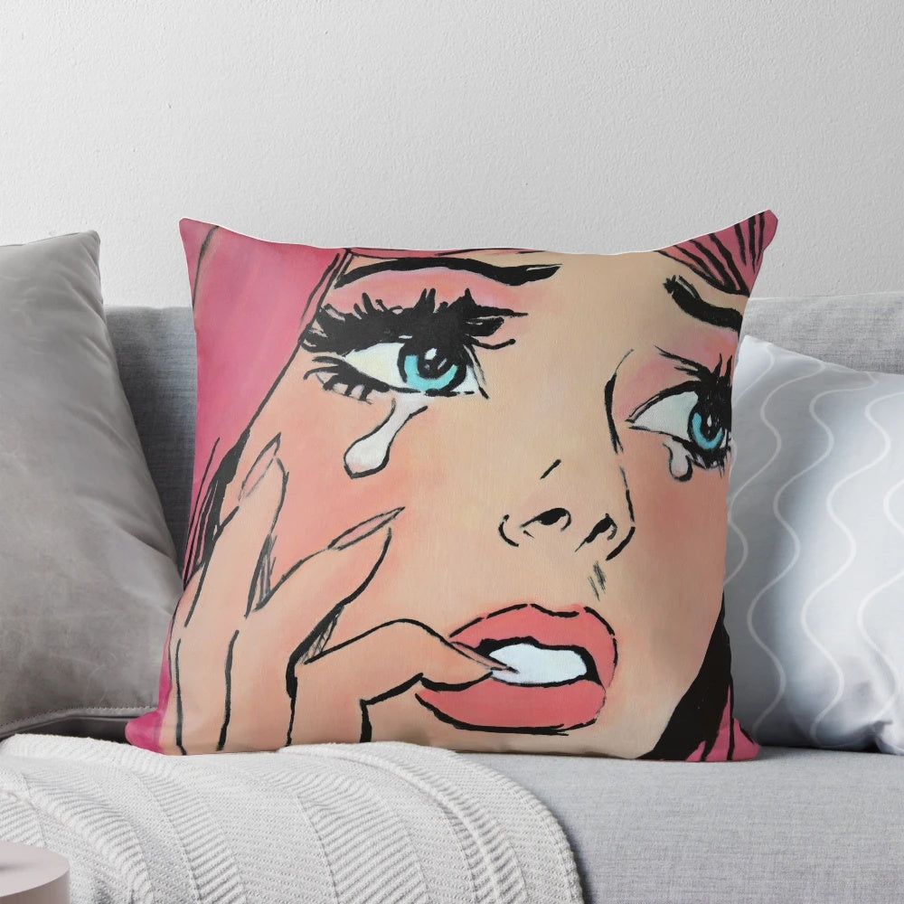Colorful pop art style pillow featuring a crying cartoon girl, perfect for home decor and expressing grief.
