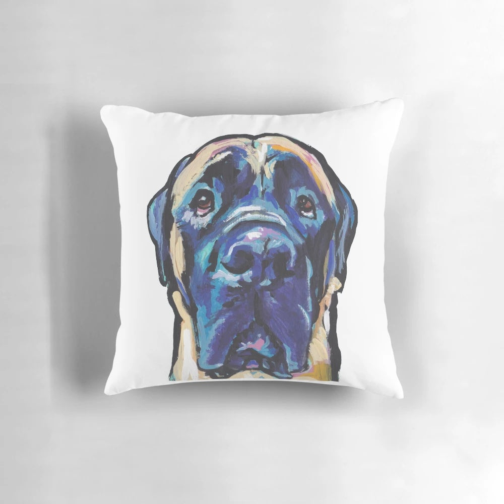 Colorful pop art-style portrait of an English Mastiff dog on a decorative throw pillow