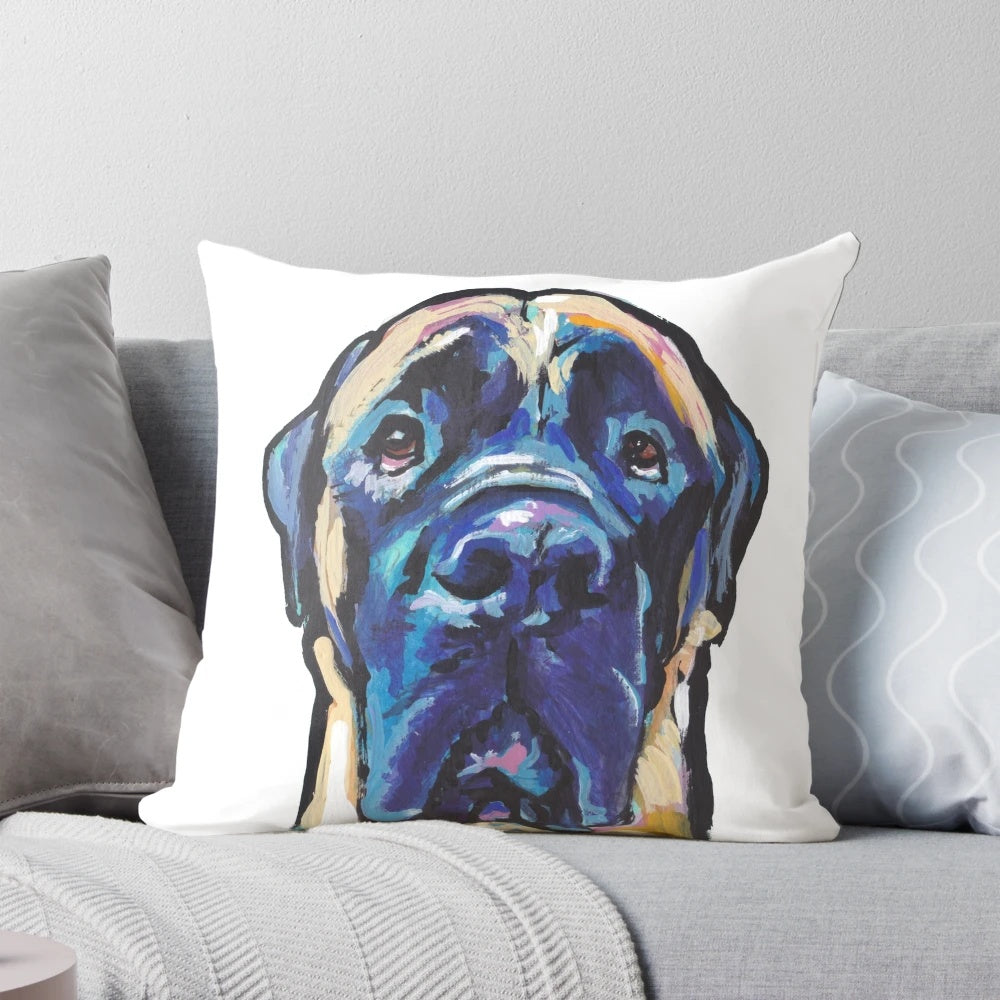 Colorful pop art-style portrait of an English Mastiff dog on a decorative throw pillow