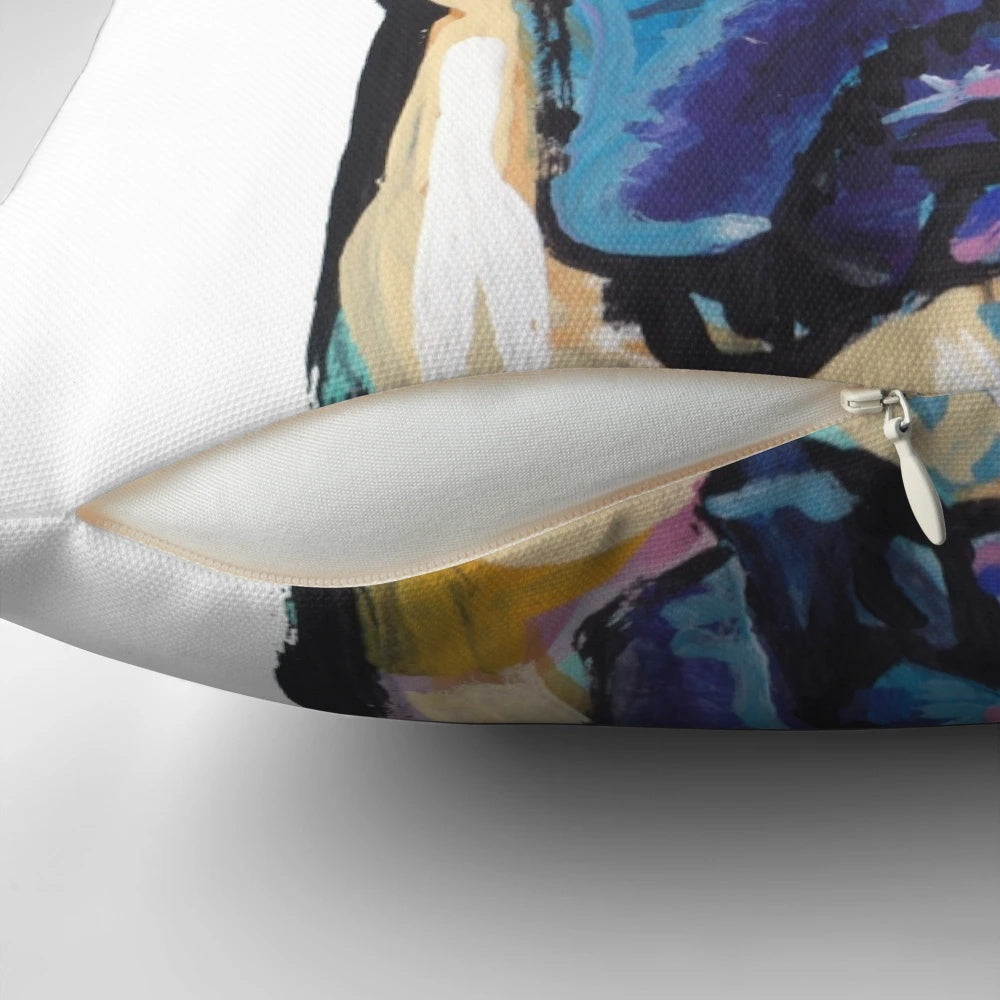 Colorful pop art-style portrait of an English Mastiff dog on a decorative throw pillow