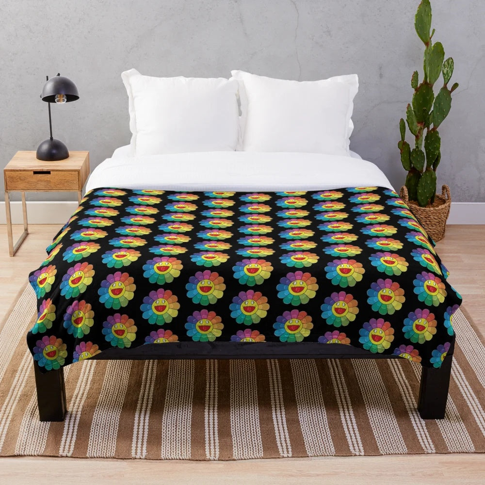 Colorful flower-patterned plush blanket