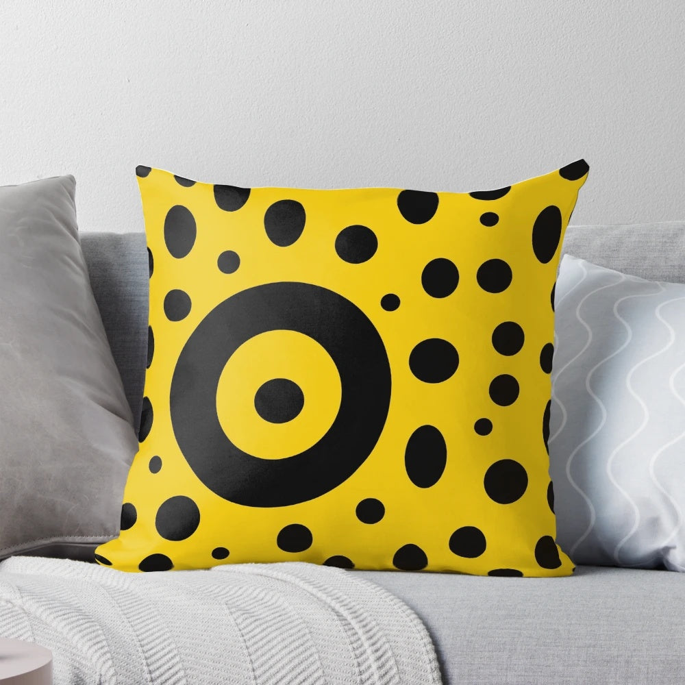 A vibrant pop art inspired geometric composition decorative pillow in yellow and black colors