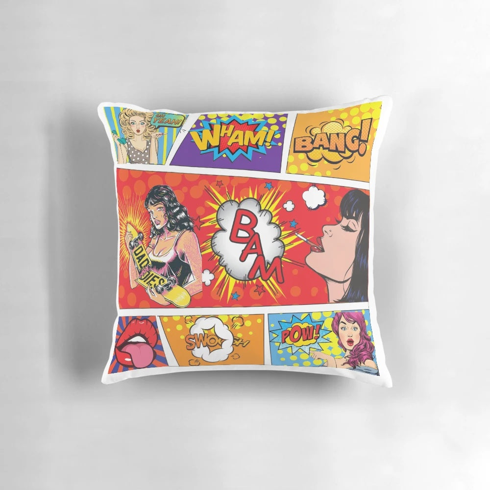 Vibrant pop art illustration printed on a soft, plush throw pillow