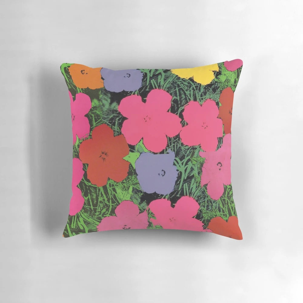 Colorful pop art style floral pattern pillow design inspired by Andy Warhol's iconic artwork