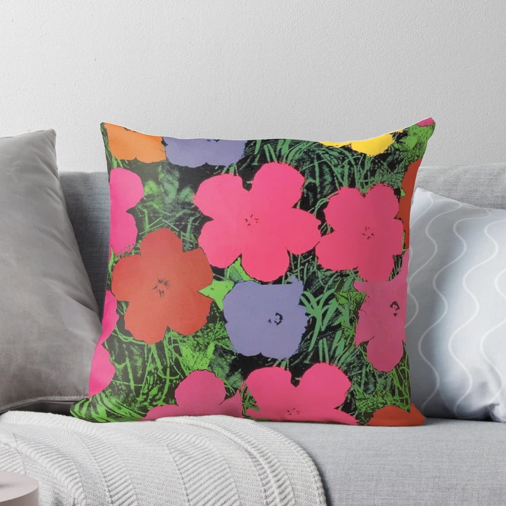 Colorful pop art style floral pattern pillow design inspired by Andy Warhol's iconic artwork