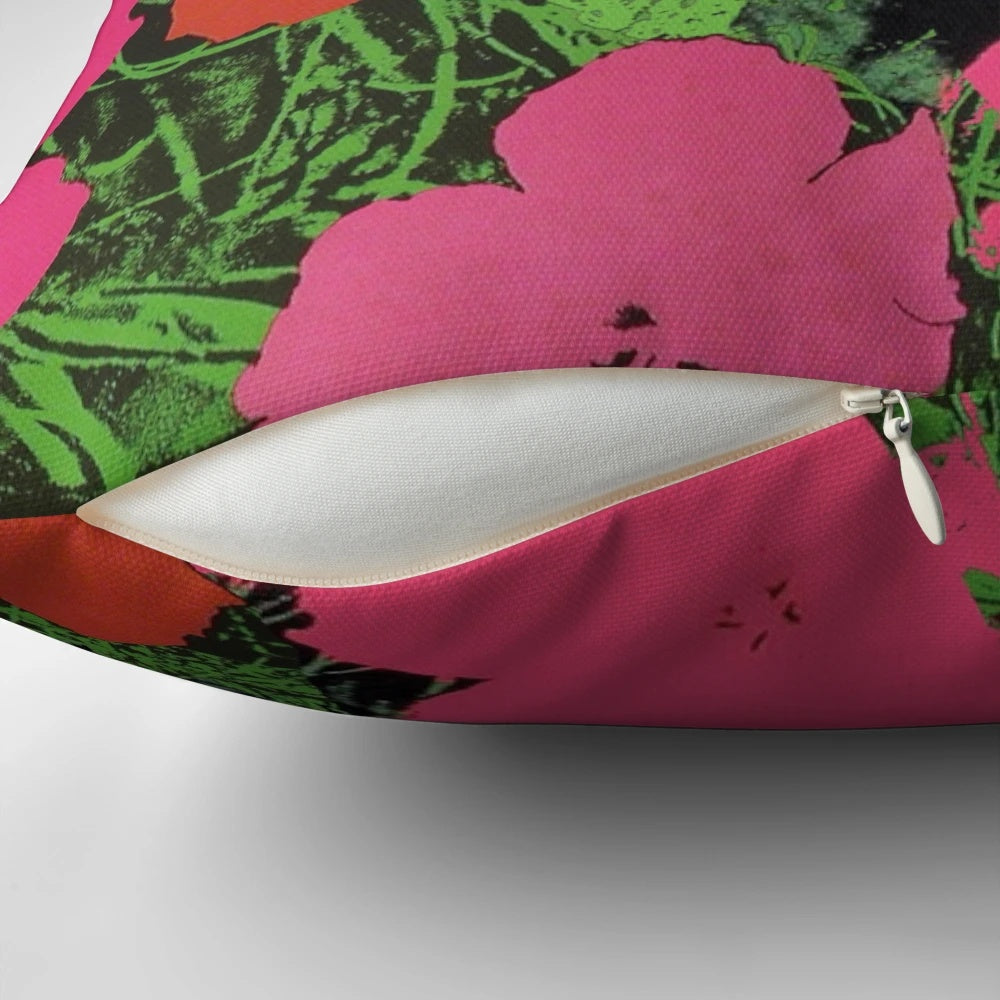 Colorful pop art style floral pattern pillow design inspired by Andy Warhol's iconic artwork