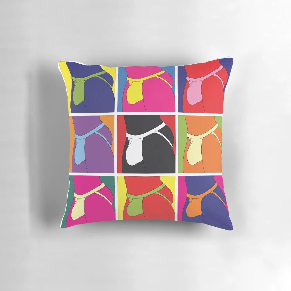 Colorful pop art-style pillow featuring a stylized jockstrap design