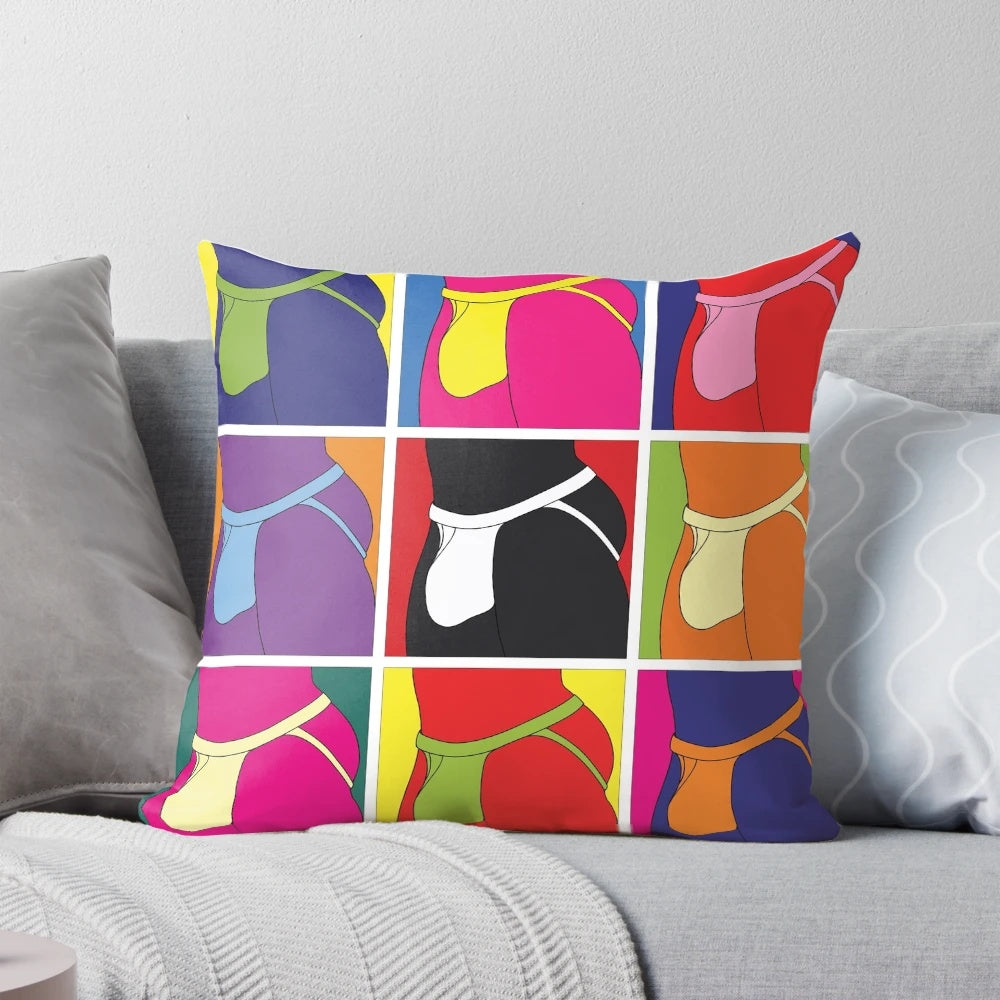 Colorful pop art-style pillow featuring a stylized jockstrap design
