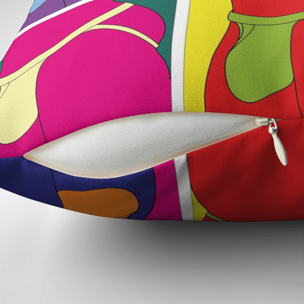 Colorful pop art-style pillow featuring a stylized jockstrap design