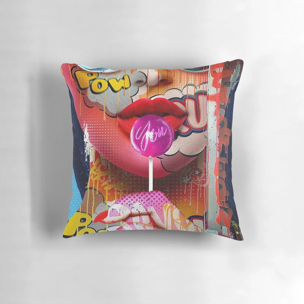 Colorful pop art style pillow cover featuring bold, geometric patterns